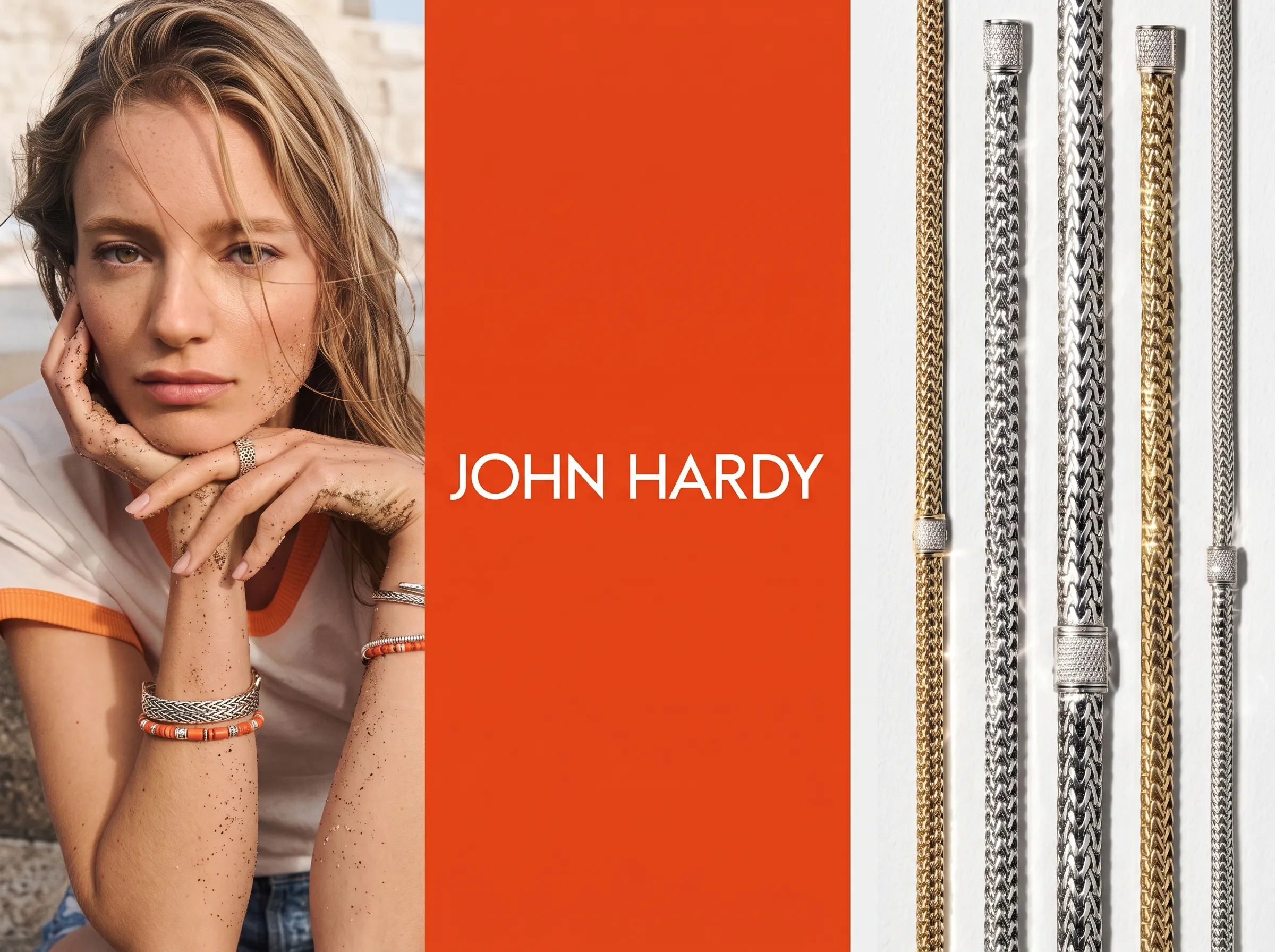 Woman with sandy hands wearing jewelry, John Hardy text, and gold and silver bracelets displayed.