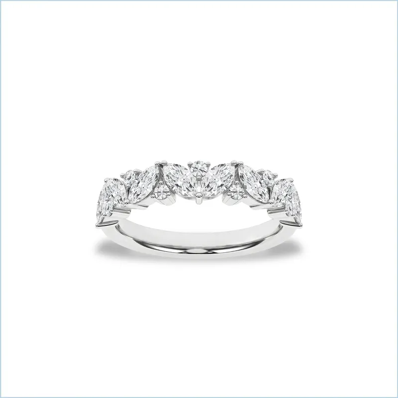 Elegant diamond wedding band featuring marquise-cut stones, perfect for engagement or special occasions.