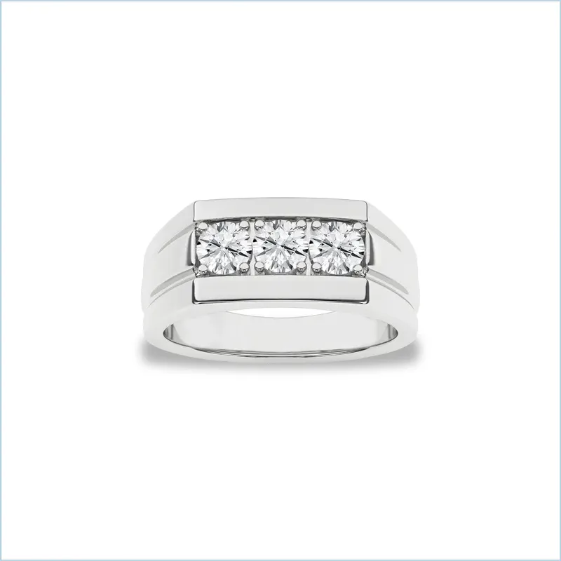 Men's wedding band with three sparkling diamonds set in a sleek silver design.