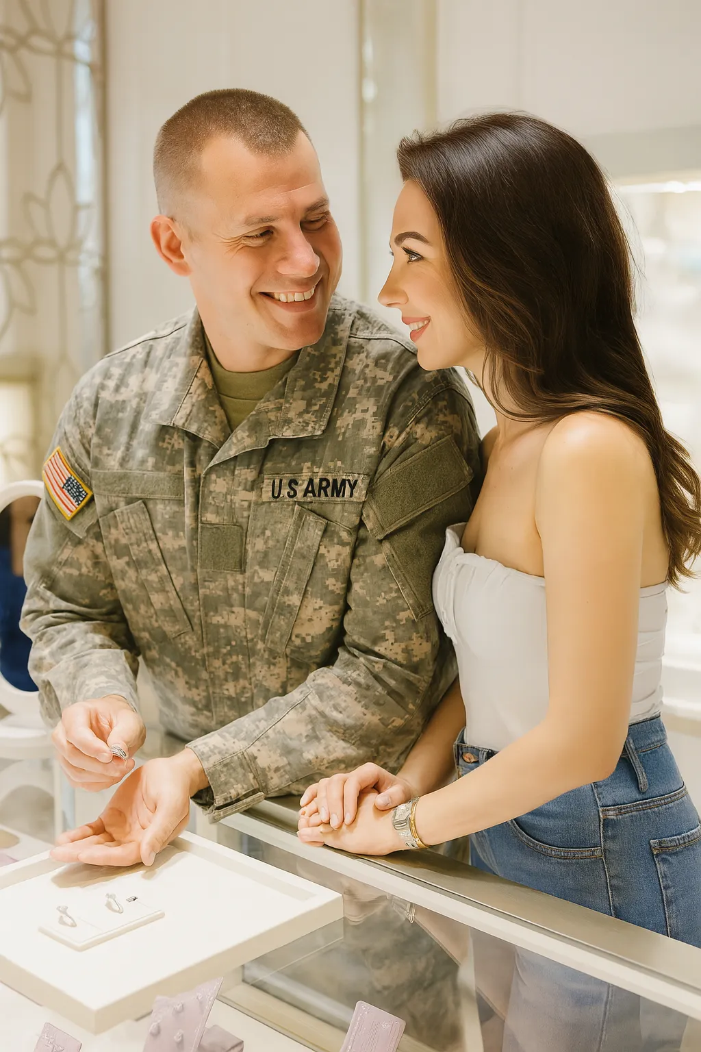 Soldier in U.S. Army uniform holding an engagement ring in a Brax Jewelers box. Click to explore more at Brax Jewelers.