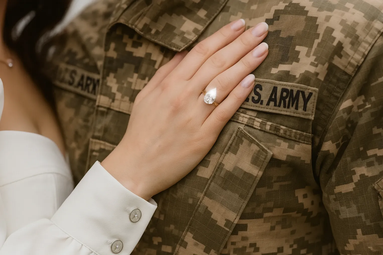 A woman shows her engagement ring while embracing a man in military uniform, highlighting love and commitment.