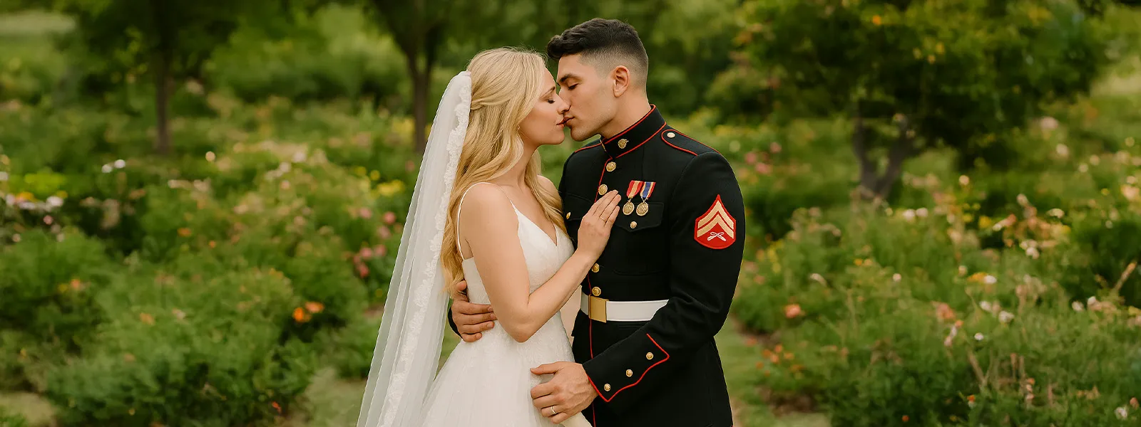 A US soldier and a woman holding hands, showcasing an engagement ring against a scenic backdrop.