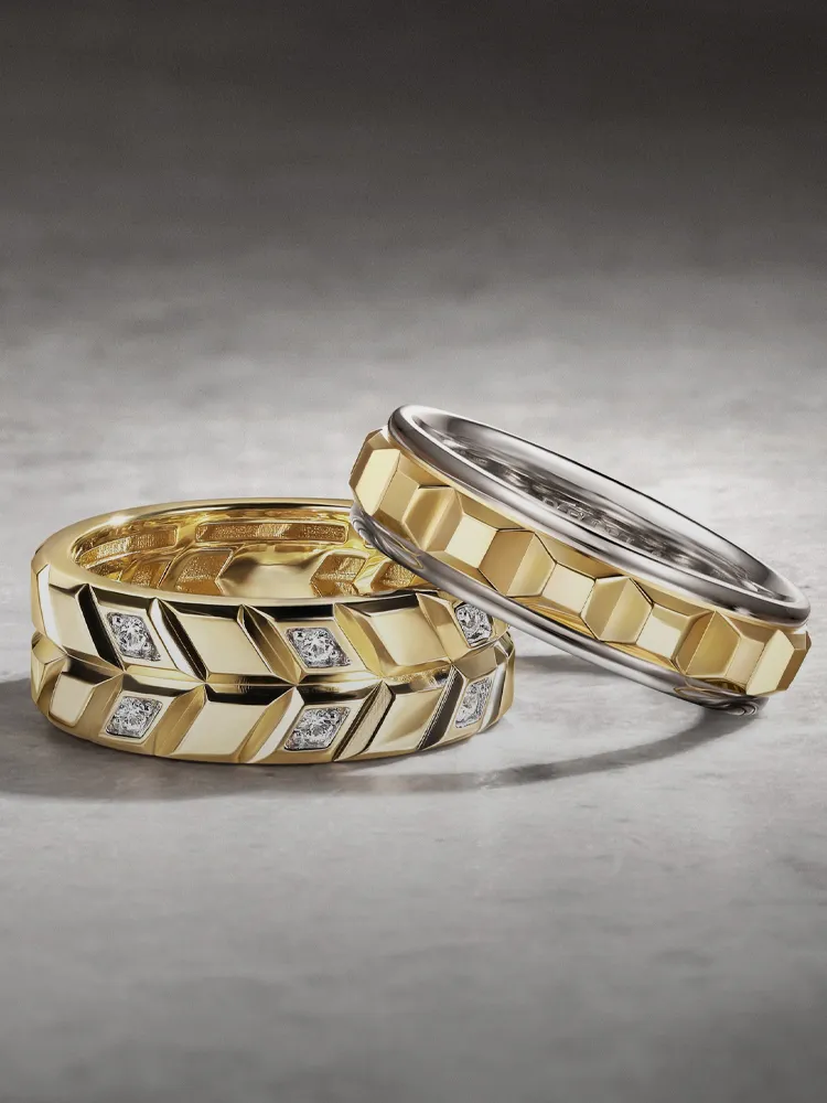 Two stylish men's wedding bands, one gold with diamonds and one silver, displayed elegantly. 