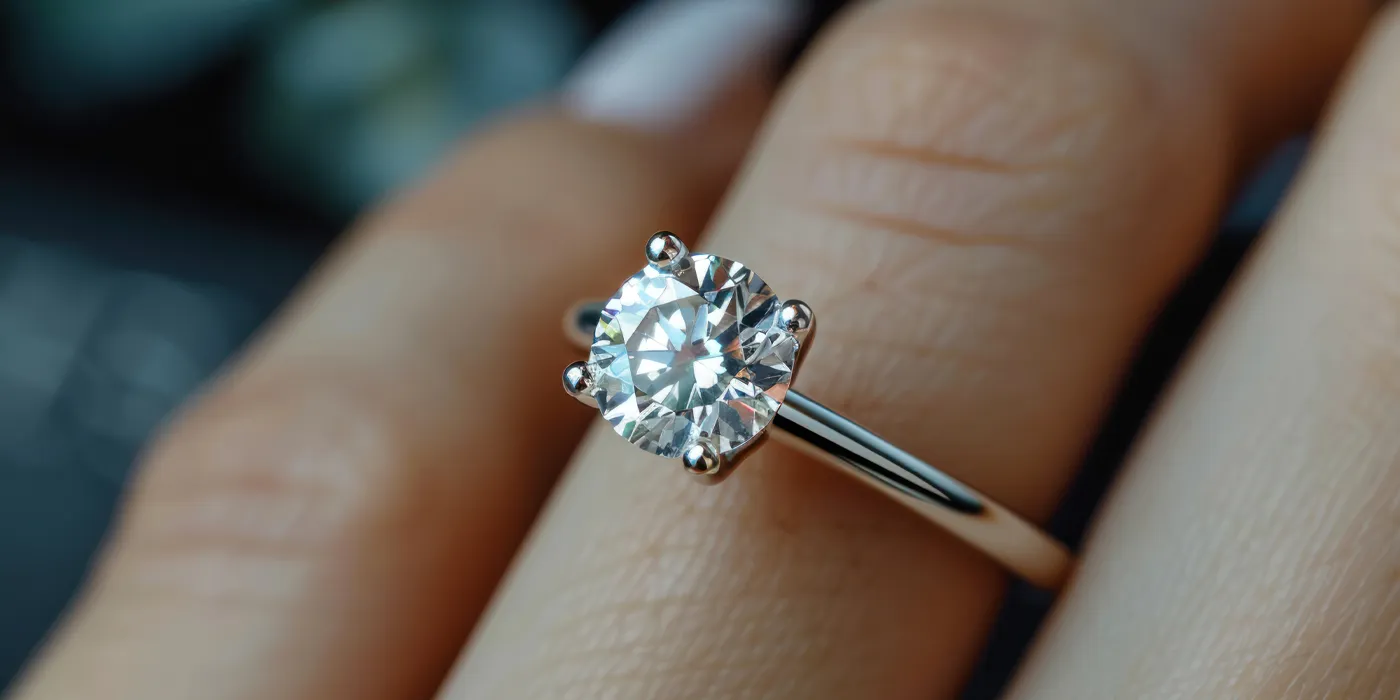 Close-up of a diamond engagement ring being held by tweezers against a black fabric background. Visit Bryan Jewelry for more.