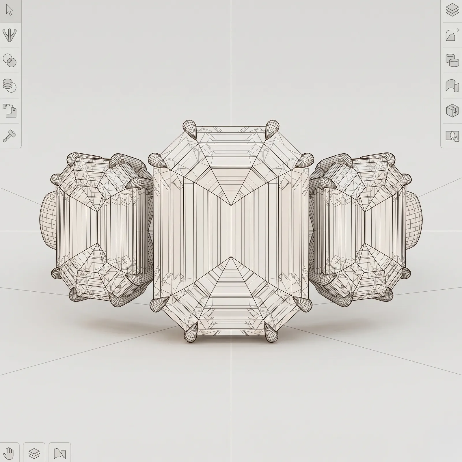 3D wireframe model of a three-stone ring design in CAD software.