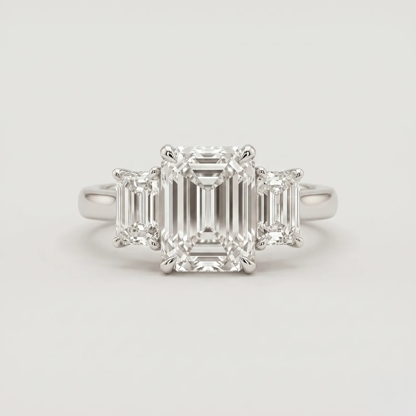 Three-stone emerald-cut diamond ring with a platinum band on a plain background.