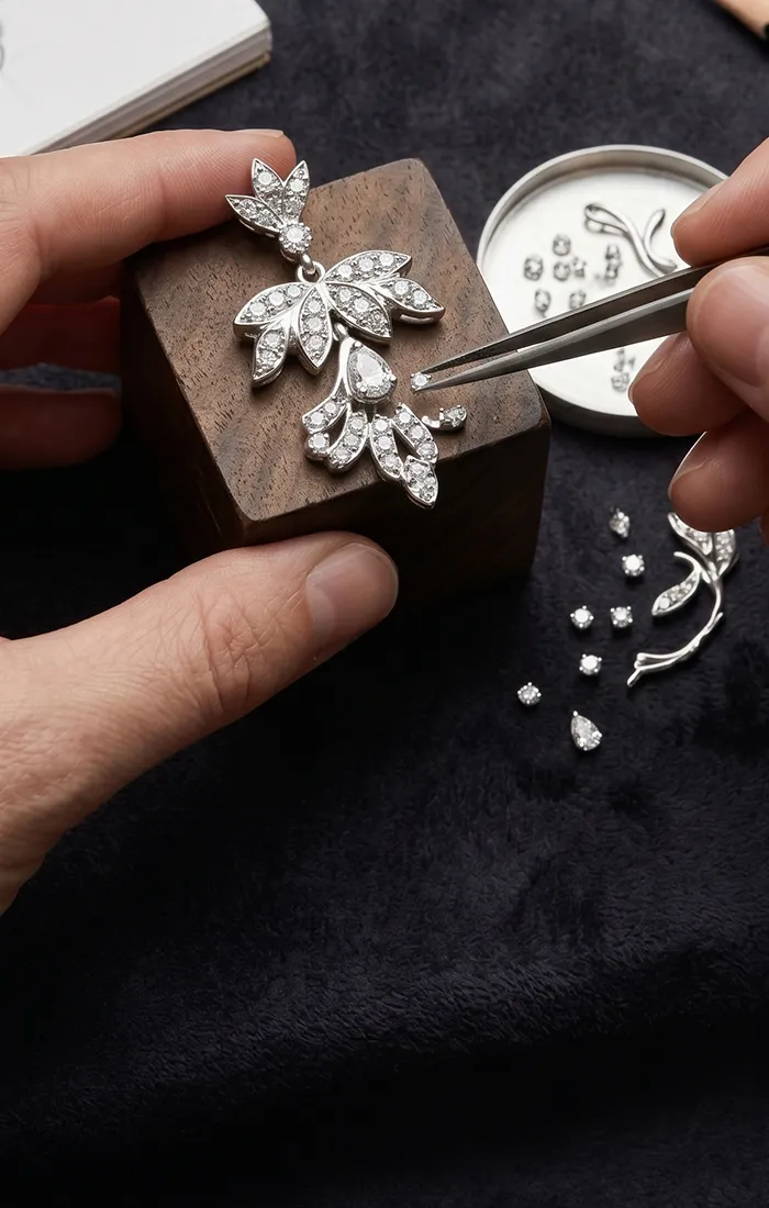 Jeweler setting diamonds in a leaf-shaped pendant with tweezers. Click to start a project at Canton Jewelry.