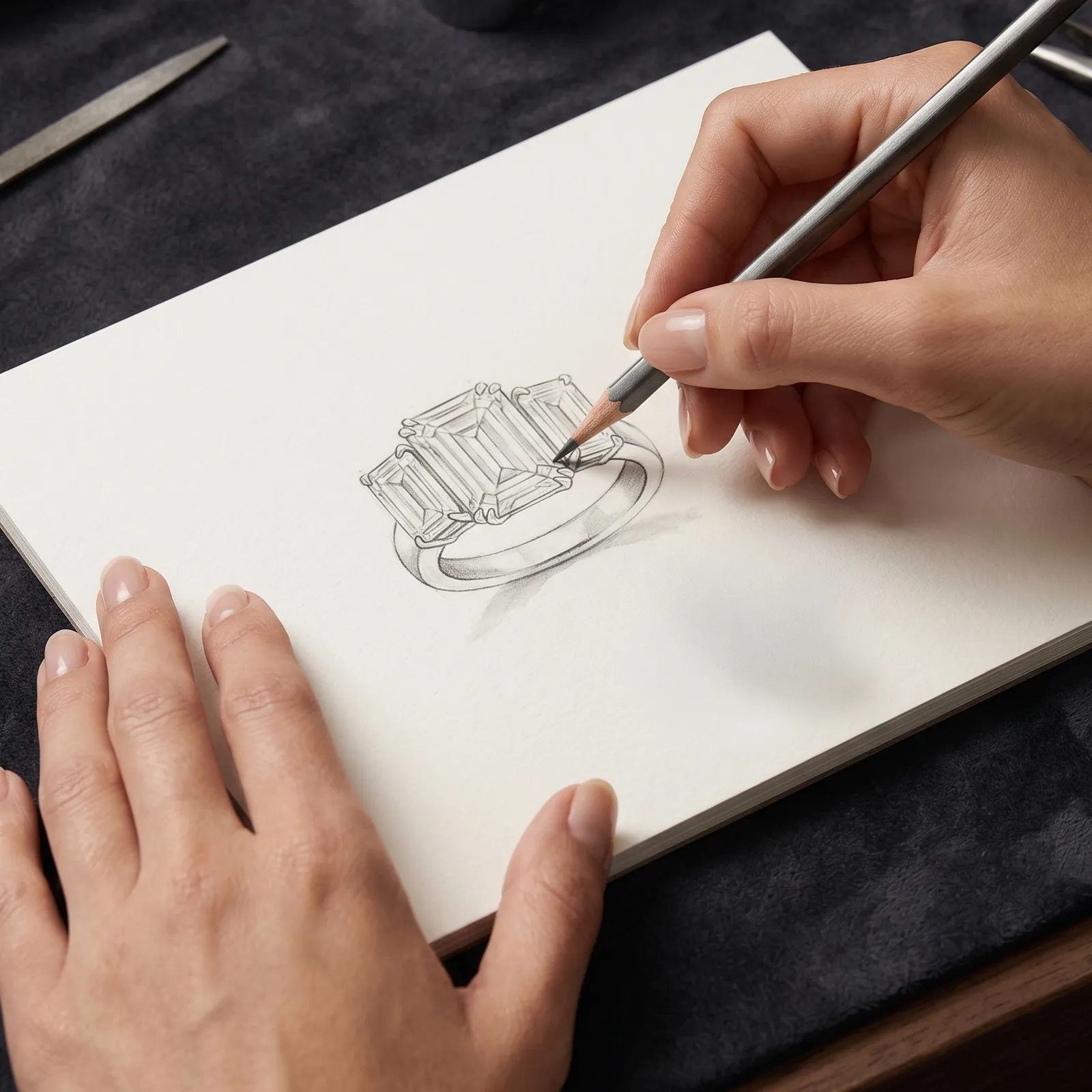 Hands sketching a three-stone ring design on paper.