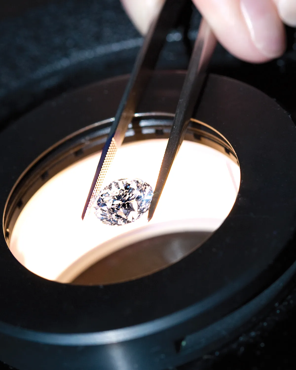 Diamond held by tweezers under magnifying light. Learn more about the 4 Cs of diamonds.
