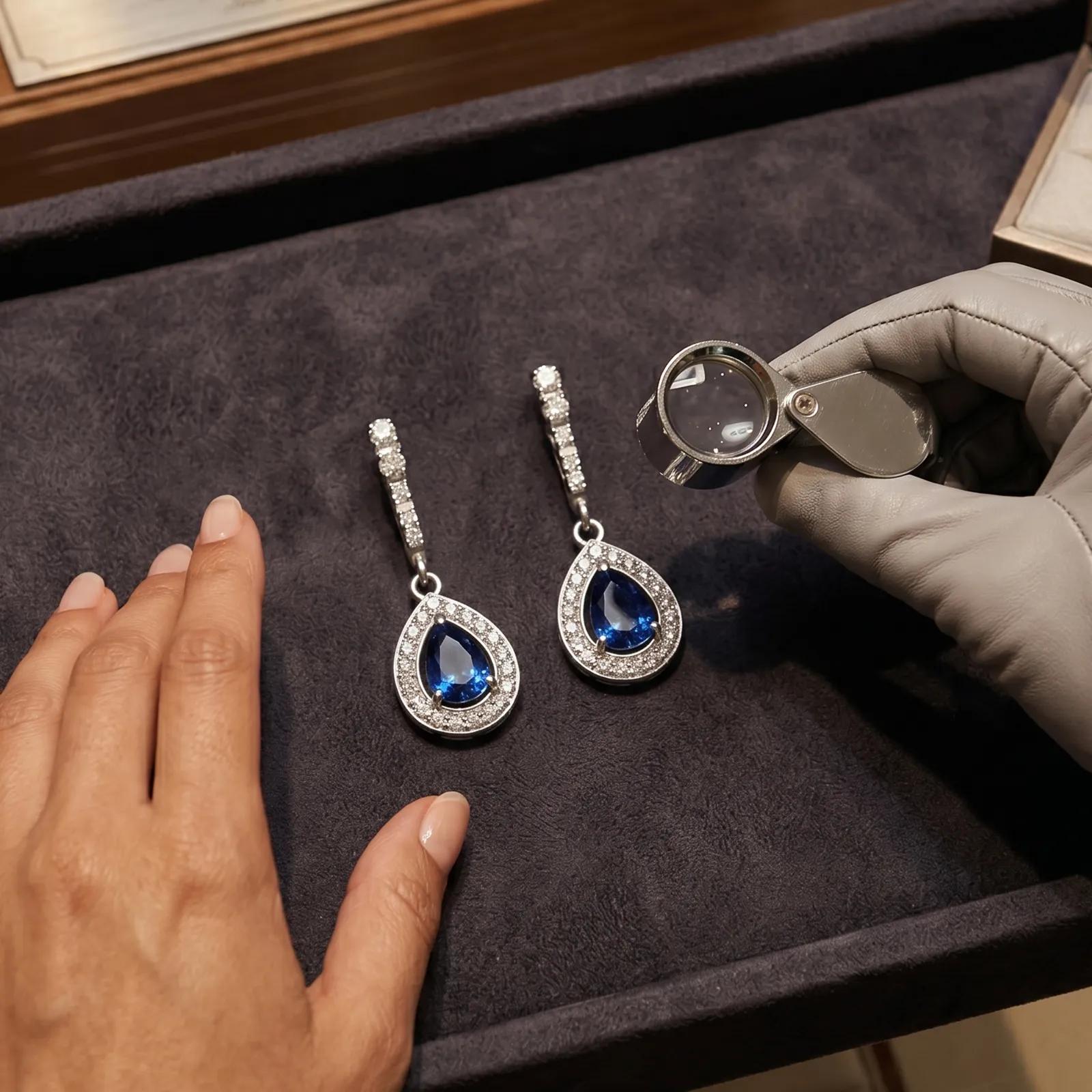 A jeweler examines sapphire and diamond earrings with a loupe on a dark velvet surface.