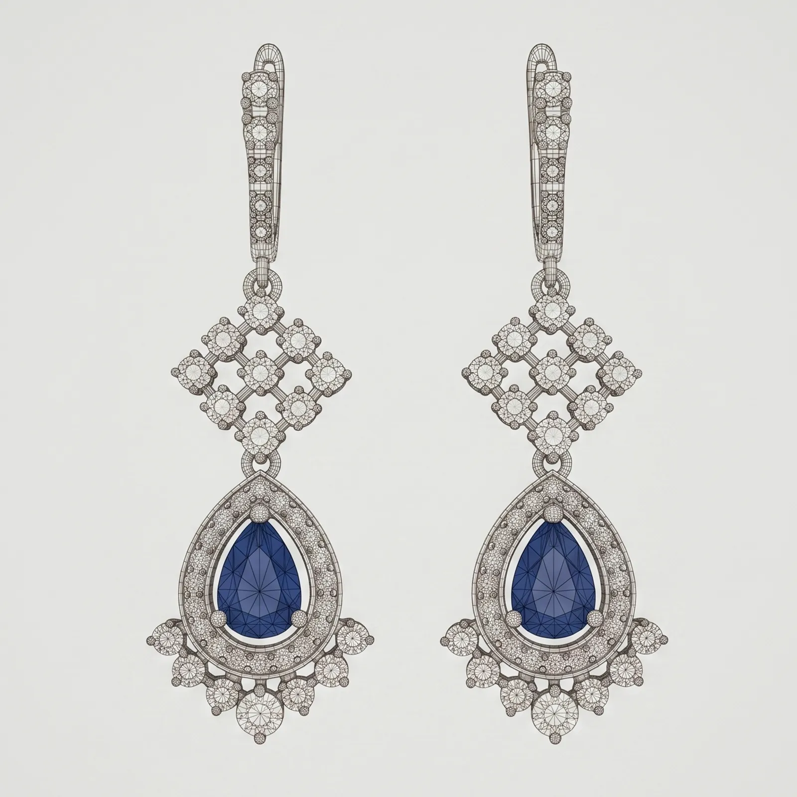 Elegant diamond and sapphire drop earrings with intricate design.