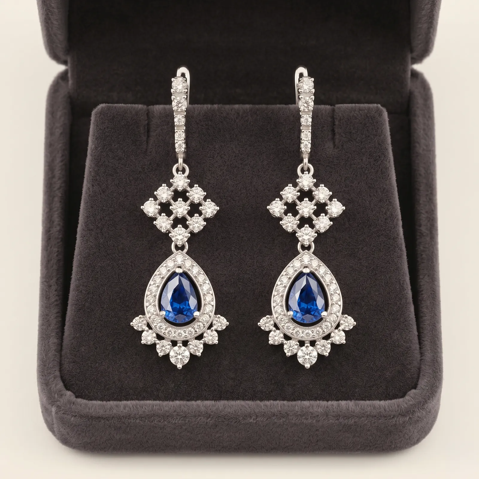Elegant silver earrings with blue gemstones and diamond accents in a display box.