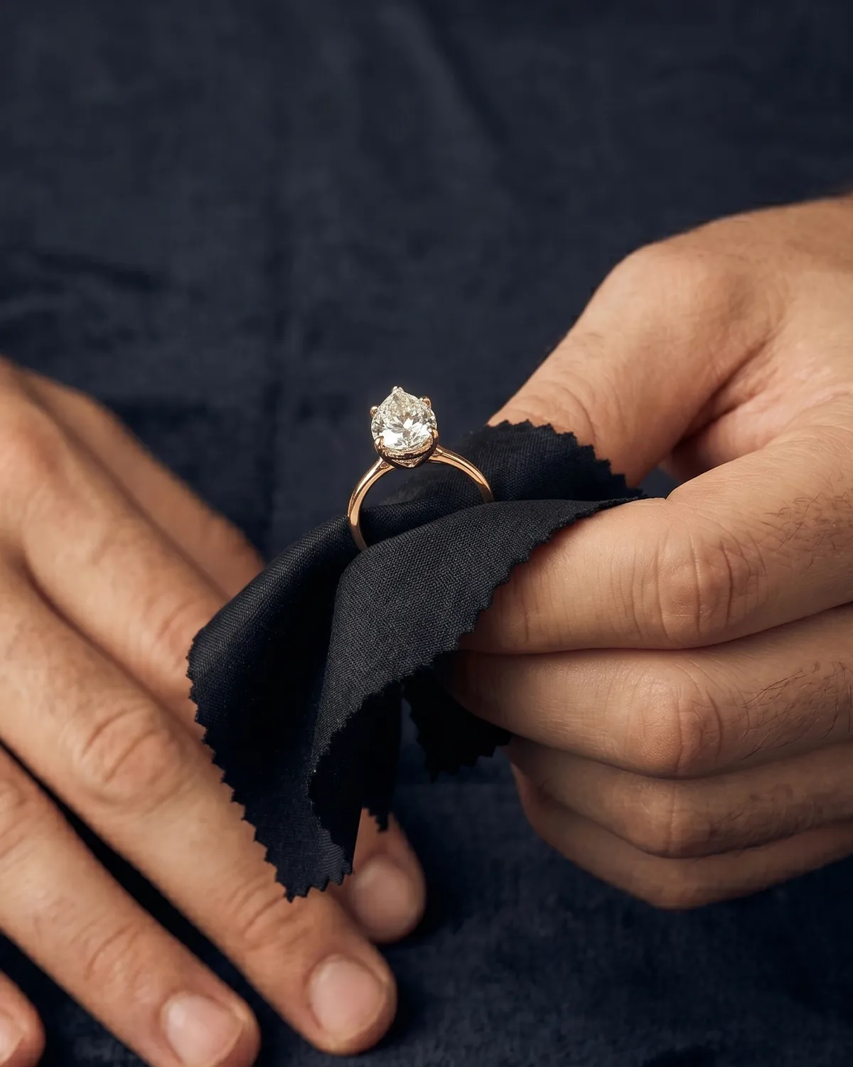 A person polishes a diamond ring with a black cloth. Learn more about jewelry appraisals.