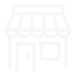 White pixelated storefront icon on a transparent background.