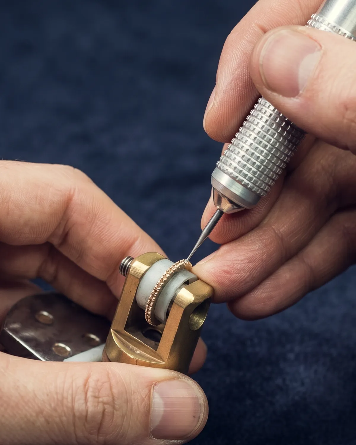 Jeweler using a tool to repair a ring. [Learn More]