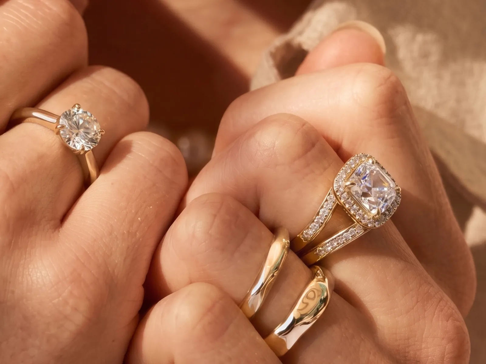 Two hands wearing gold rings with large, sparkling diamonds.