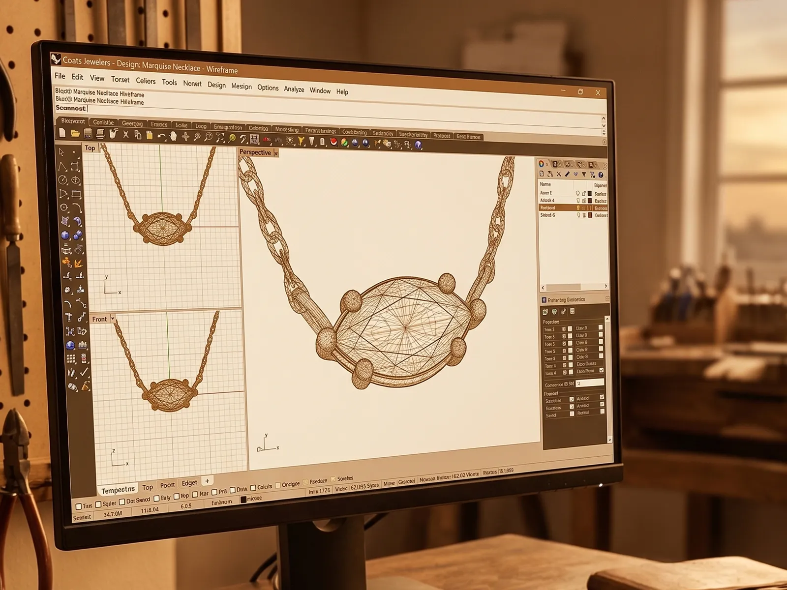A computer screen displays a 3D CAD design of a necklace in a jewelry workshop setting.