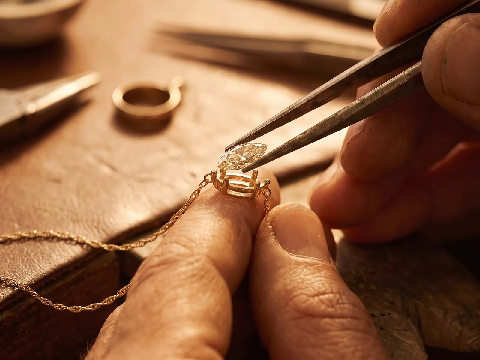 A jeweler setting a diamond into a gold ring using tweezers on a workbench.