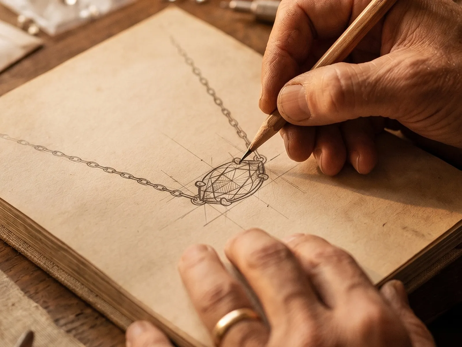 A hand sketching a necklace design with a pencil on paper.