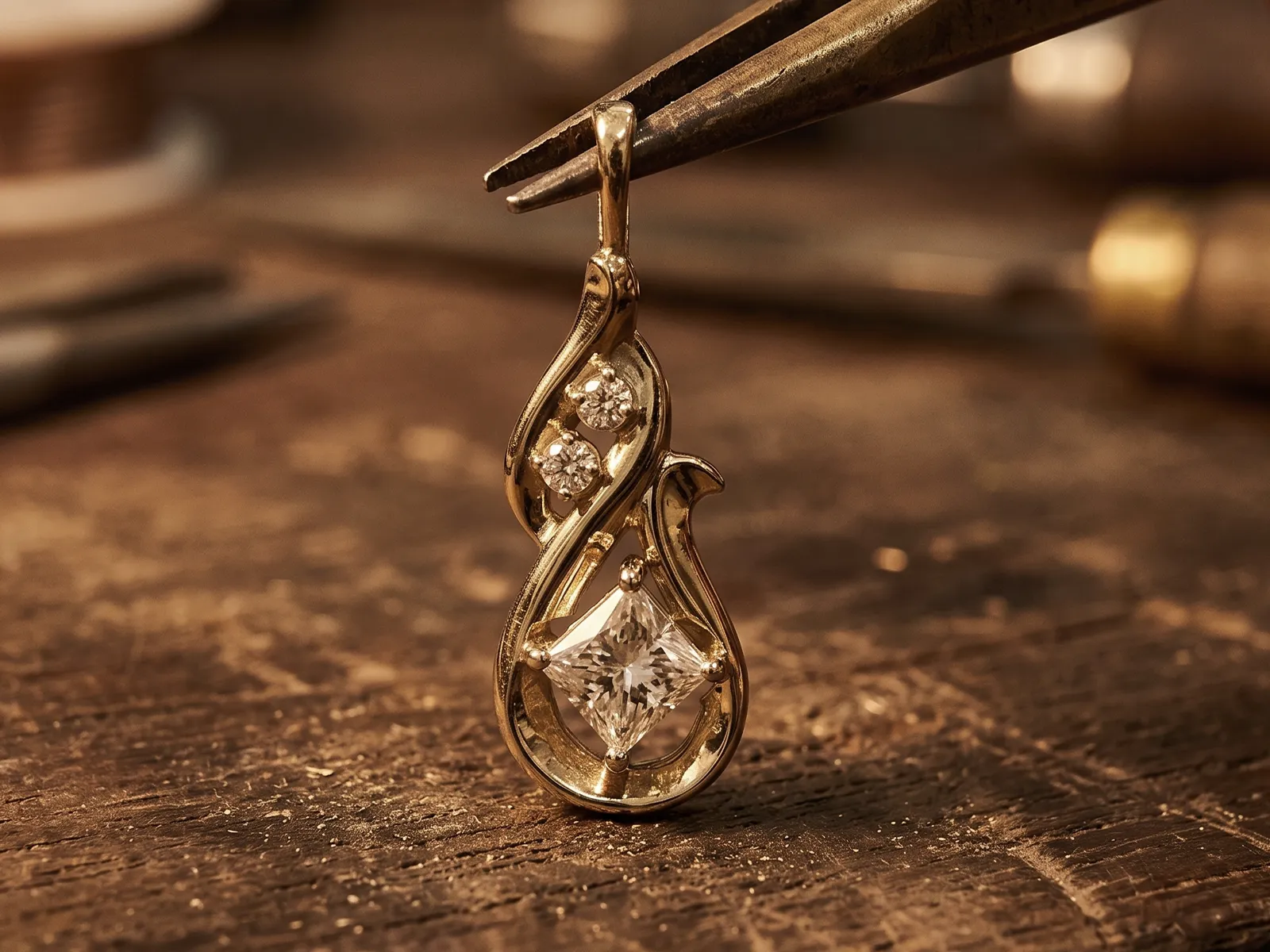A gold pendant with three diamonds, held by tweezers against a dark background.