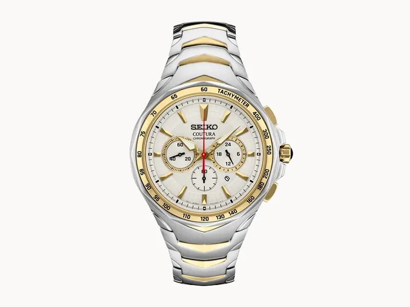 Silver and gold chronograph watch with tachymeter bezel and white dial.
