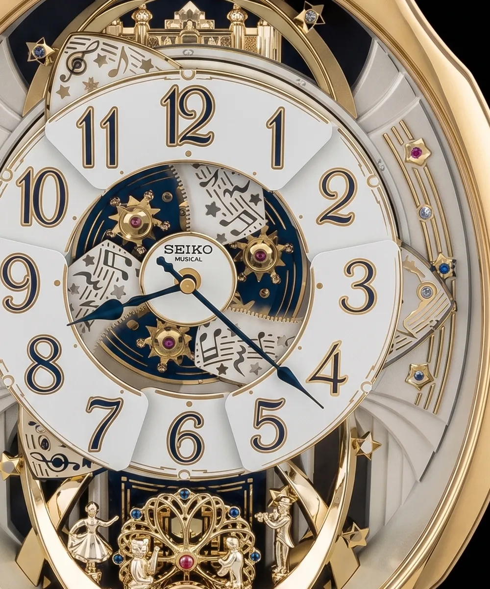 Intricate Seiko musical clock with gold accents, musical notes, and decorative figures.