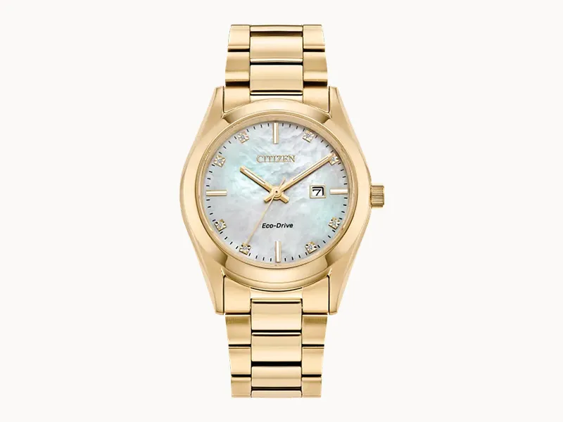 Gold watch with mother-of-pearl dial, date display, and link bracelet.