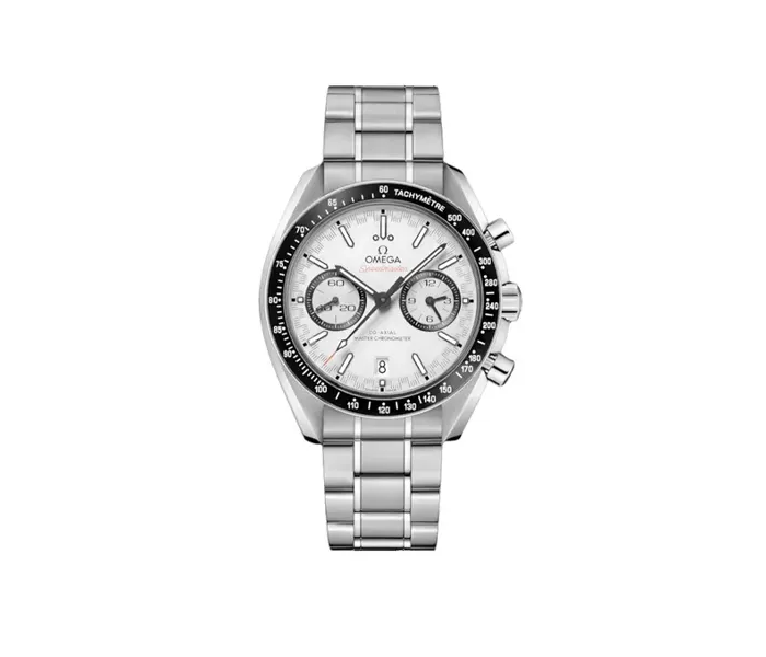 Omega watch with silver bracelet and white dial, featuring chronograph and date display.