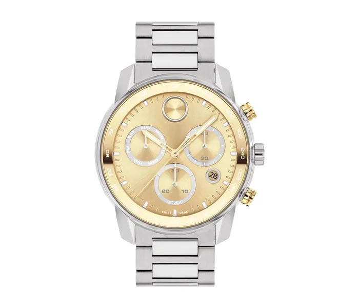 Stylish silver and gold chronograph watch with a round face and three sub-dials.