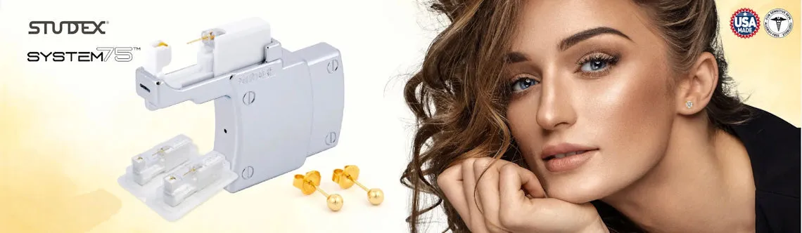 Studex System 75 ear piercing tool with gold earrings, featuring a model showcasing the jewelry. Visit Dahlkemper's Jewelry Conn