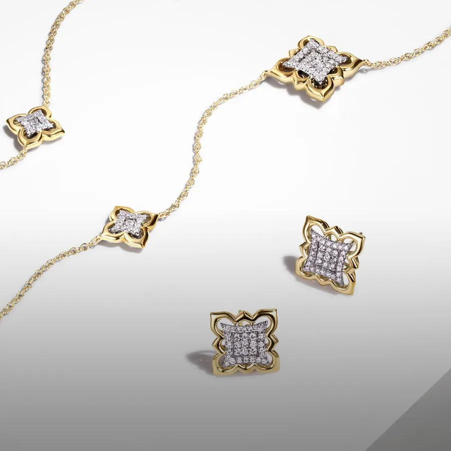 Elegant gold and diamond jewelry set featuring a necklace and earrings.