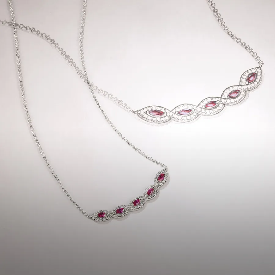 Two elegant silver necklaces with pink gemstones, showcasing intricate designs.