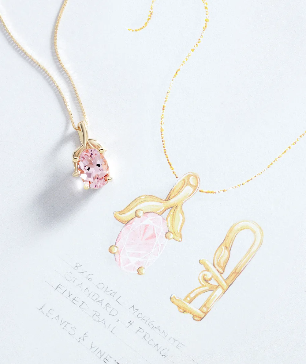 Pink morganite pendant necklace design sketch with gold accents, showcasing elegance and craftsmanship.