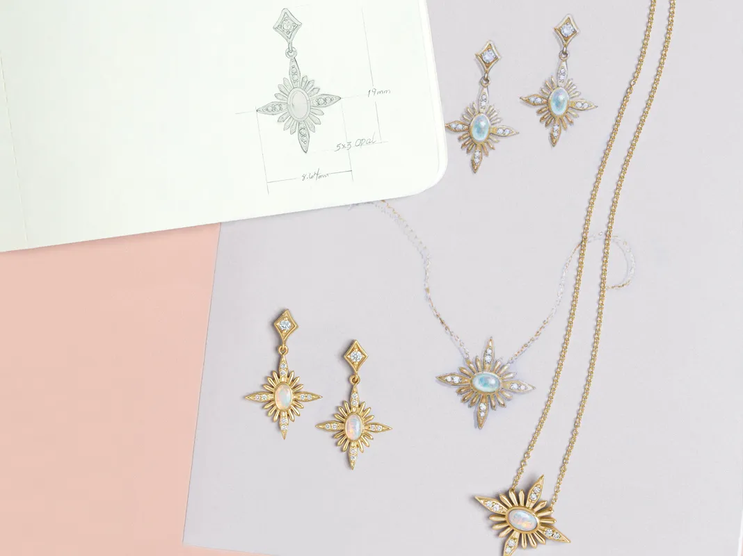 Elegant jewelry designs featuring gold earrings and necklaces with opals and diamonds, alongside a sketch for reference.