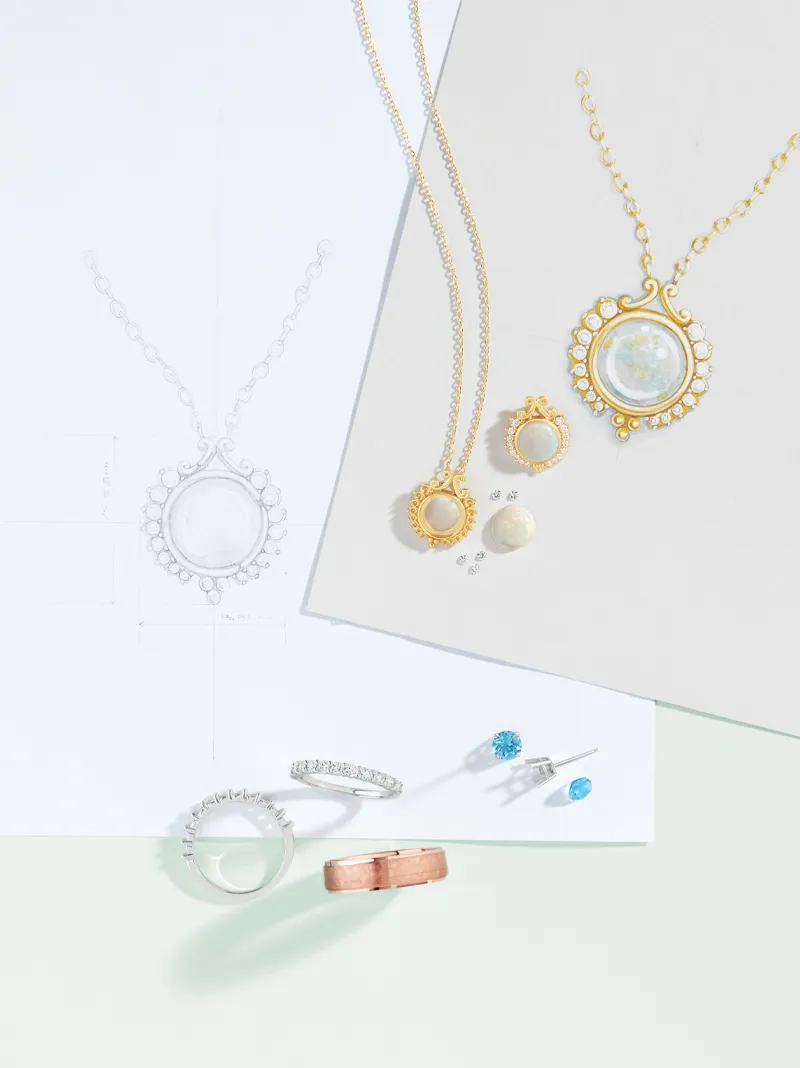 Jewelry sketches and designs featuring necklaces, rings, and earrings on a light background.