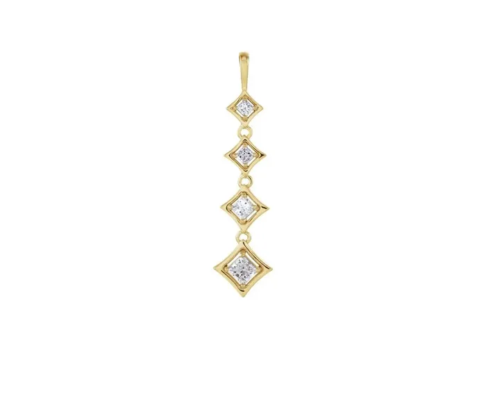 Gold pendant with four diamond-shaped settings, each featuring a sparkling stone.
