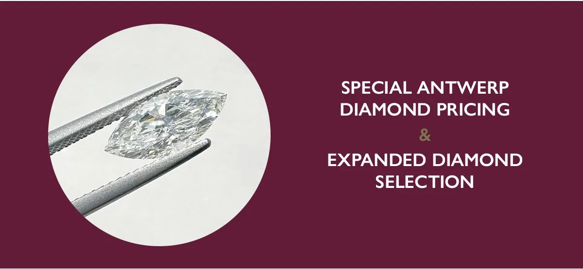 Marquise-shaped diamond being displayed in tweezers with words 