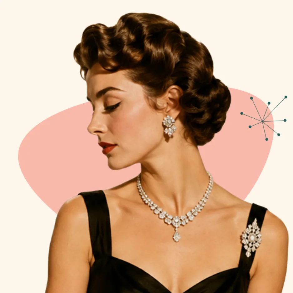 mid century modern woman wearing diamond jewelry