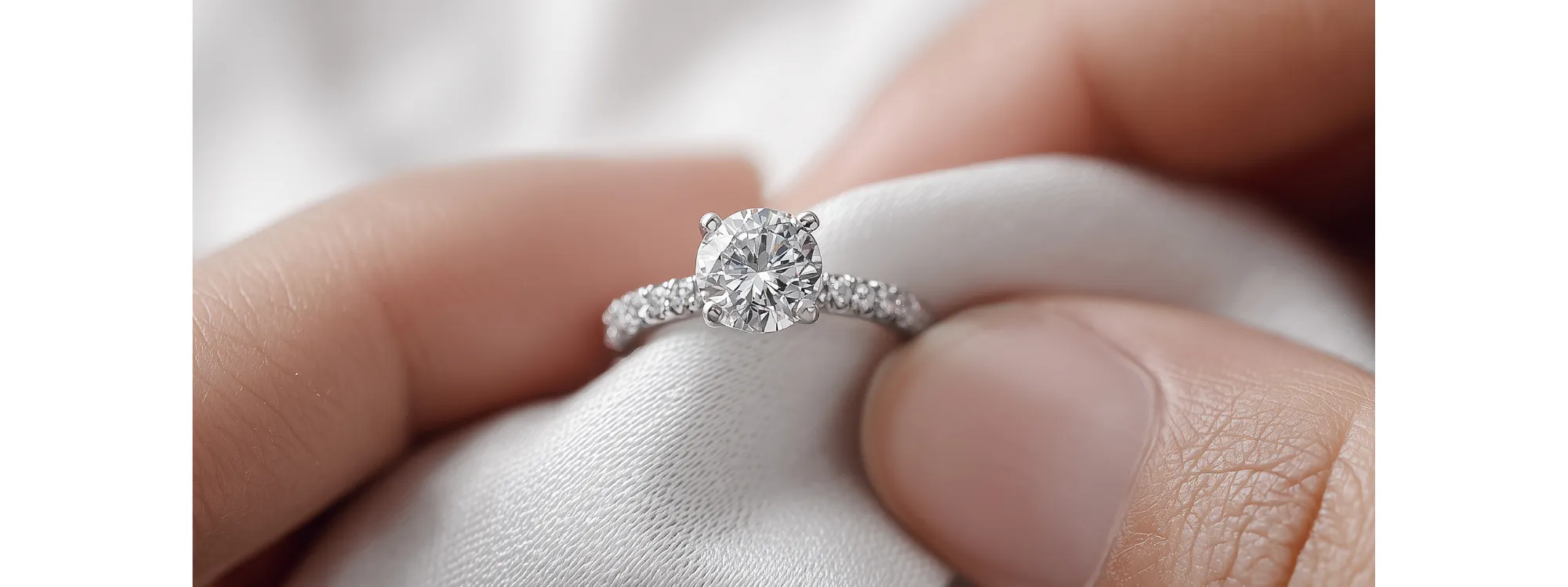 Close-up of a diamond engagement ring held between fingers on a white cloth background.