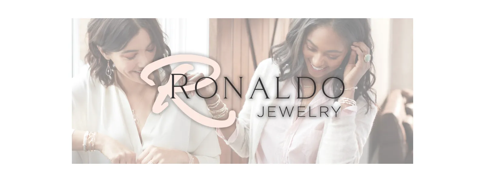 Women smiling and showcasing Ronaldo Jewelry, including bracelets and earrings, in a bright setting.