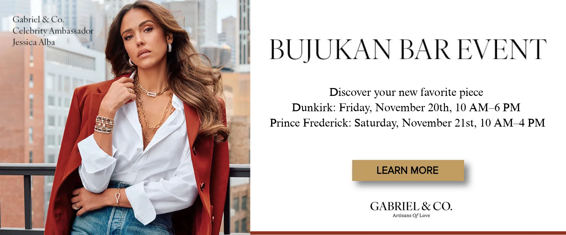 jessica alba in a red blazer and Gabriel jewelry poses next to text promoting a Bujukan Bar Event at Dickinson Jewelers
