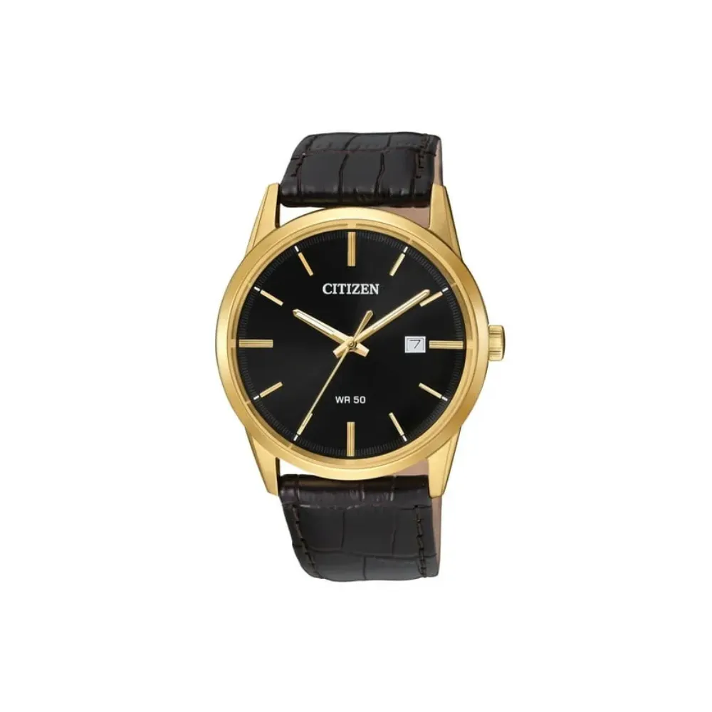 Gold watch with black dial and brown leather strap. Click to shop men's gifts at Dickinson Jewelers.
