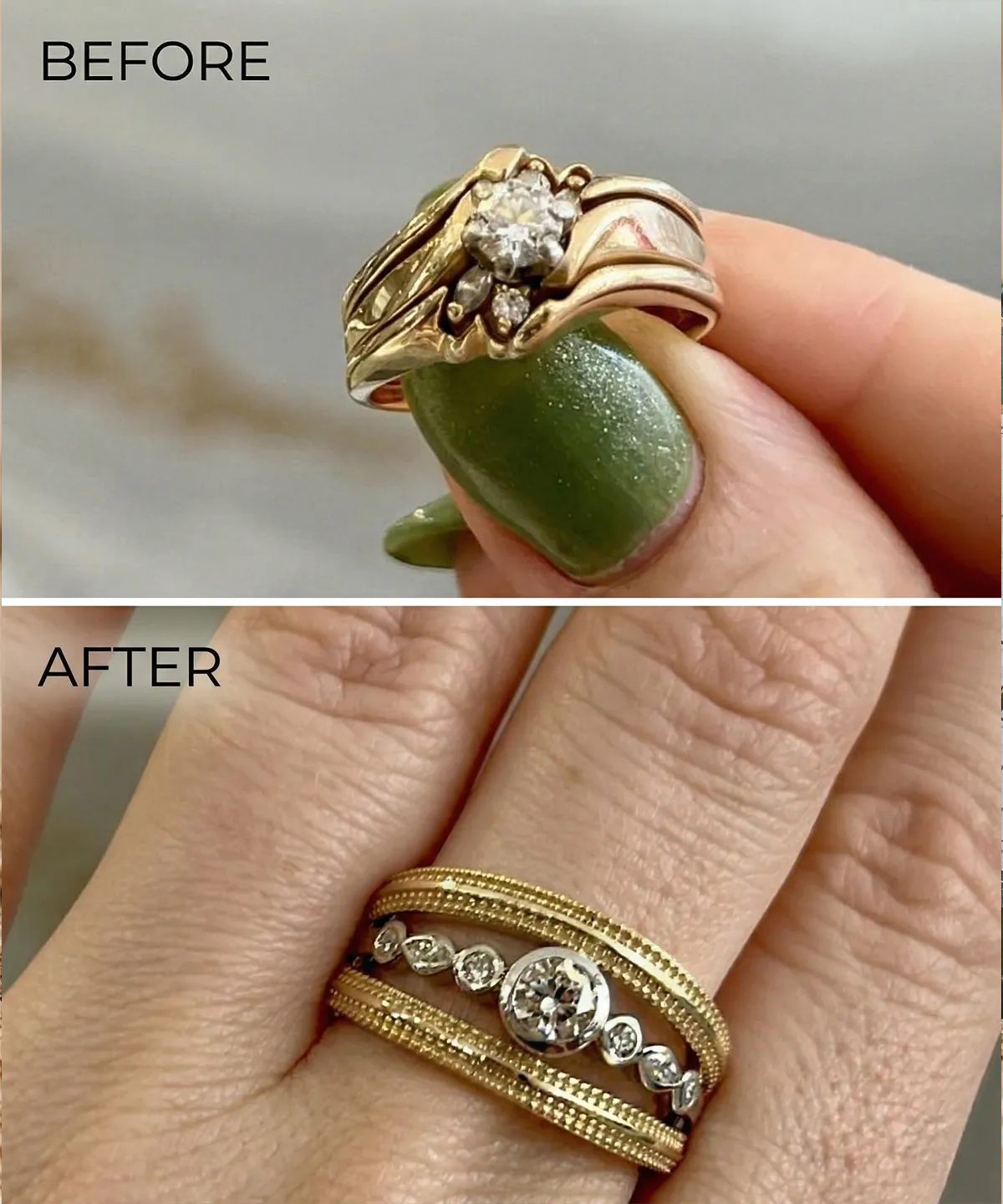 Gold and diamond rings stacked on a finger with red nail polish.