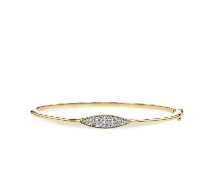 Gold bangle bracelet with a diamond-studded marquise design.