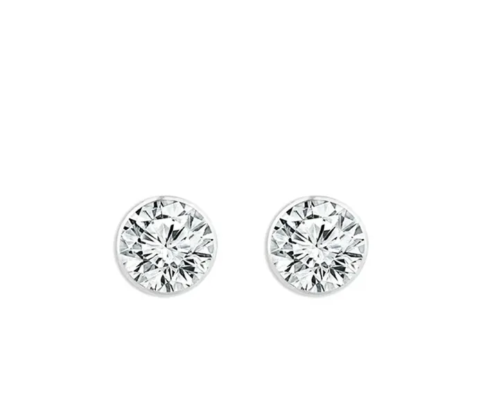 Round diamond stud earrings on a white background.