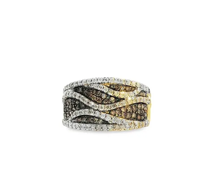 Stylish multi-tone diamond ring with wavy design, featuring white, brown, and yellow diamonds.