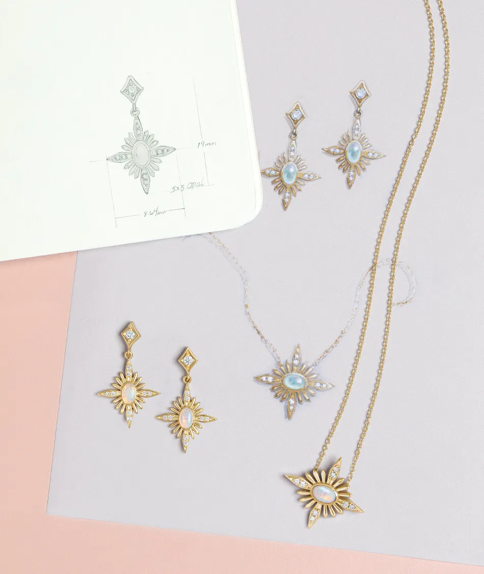 Jewelry design sketches and pieces including earrings and a necklace with opal stones, displayed on a pastel background.