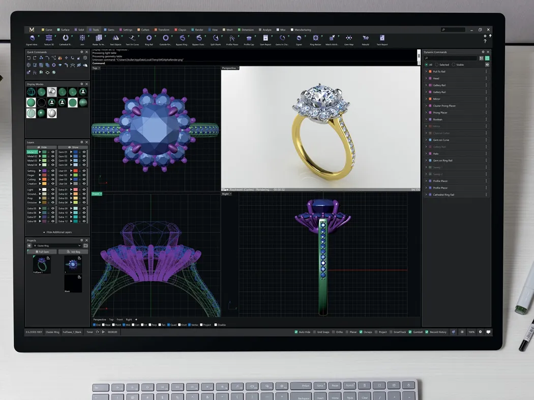 3D rendering software displaying a customizable engagement ring design.