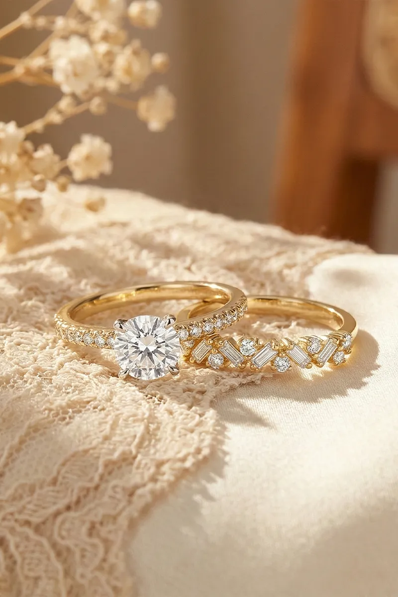 Three elegant rings: a diamond engagement ring, a gold band, and a simple gold ring. 