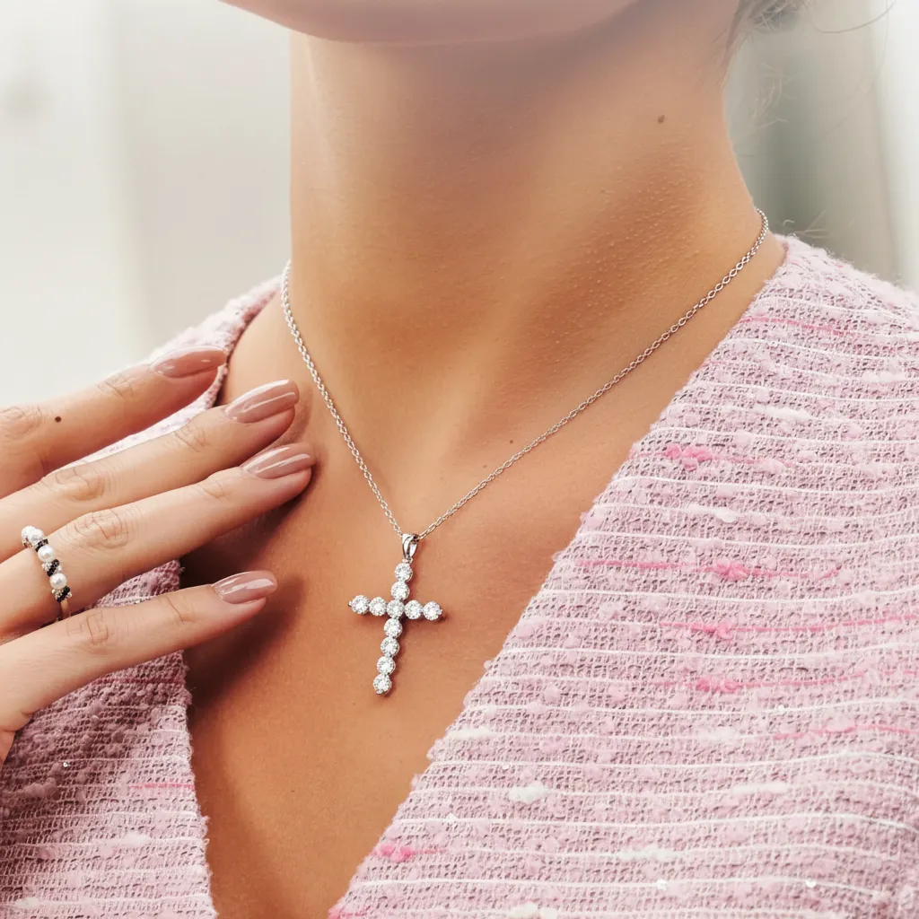 Close-up of a woman wearing a delicate silver necklace with a pink gemstone pendant.
